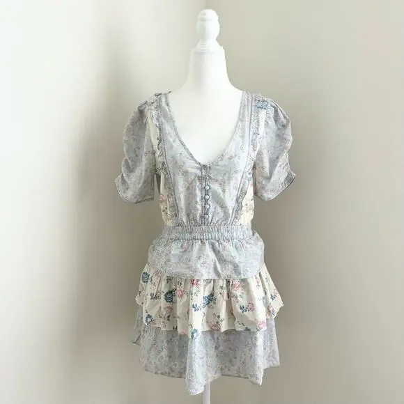 SALE! loveshackfancy - roth dress mini ruffled v-neck puff sleeves print floral - Picture 3 of 9